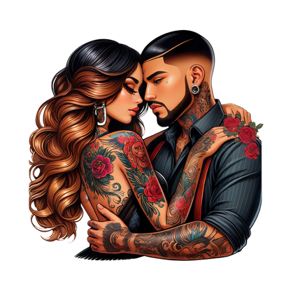 Una ilustración vibrante de una pareja con tatuajes intrincados, abrazándose íntimamente, con rosas y cortes de pelo elegantes, irradiando amor y pasión. Transferencias DTF