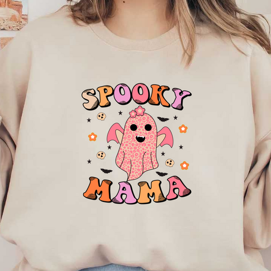 A playful and colorful design featuring a cute ghost with leopard spots and the text "Spooky Mama" surrounded by stars and skulls. dtf prints