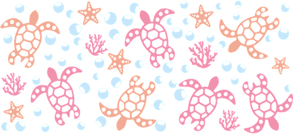 A vibrant underwater pattern featuring colorful sea turtles, starfish, coral, and bubbles in shades of pink and blue.UV Transfers dtf prints