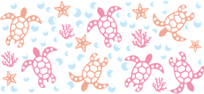 A vibrant underwater pattern featuring colorful sea turtles, starfish, coral, and bubbles in shades of pink and blue.UV Transfers dtf prints