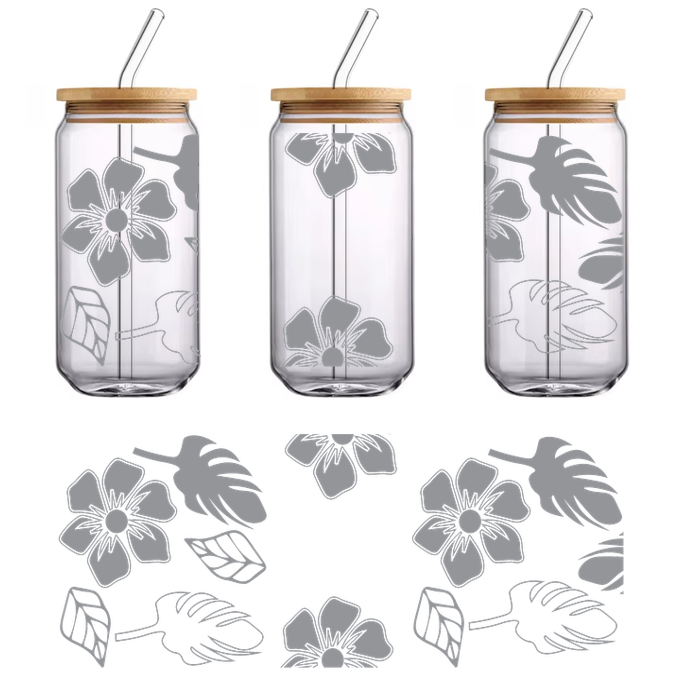 A playful pattern featuring tropical leaves and flowers in a soft gray hue, perfect for botanical-themed designs.UV Transfers dtf prints