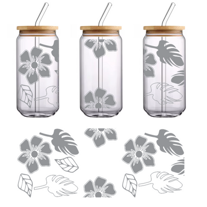 A playful pattern featuring tropical leaves and flowers in a soft gray hue, perfect for botanical-themed designs.UV Transfers dtf prints