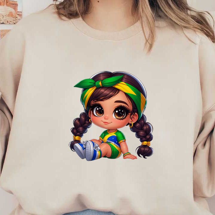 Adorable niña con un vibrante atuendo verde y amarillo, acentuado con una diadema a juego y trenzas divertidas, que muestra el orgullo brasileño. Transferencias DTF