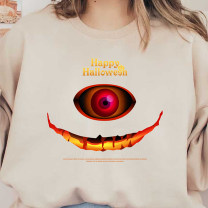 Un gráfico espeluznante con temática de Halloween que presenta un gran y siniestro ojo rojo sobre una sonrisa siniestra y dentada, con el texto "Feliz Halloween".