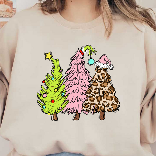 Three whimsical Christmas trees add festive charm, featuring a green tree with ornaments, a pink tree with a Grinch-inspired touch, and a unique leopard-print tree.DTF Transfers