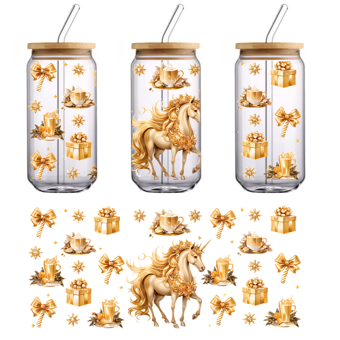 A whimsical scene featuring a golden unicorn surrounded by festive gifts, bows, and tea cups, all in warm, cheerful tones.UV Transfers heat press transfers