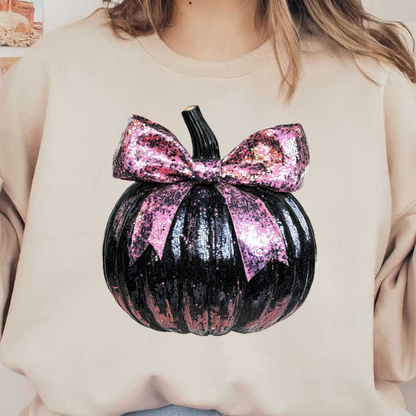 This stylish black pumpkin is adorned with sparkling pink sequins and topped with a chic bow, perfect for Halloween decor.