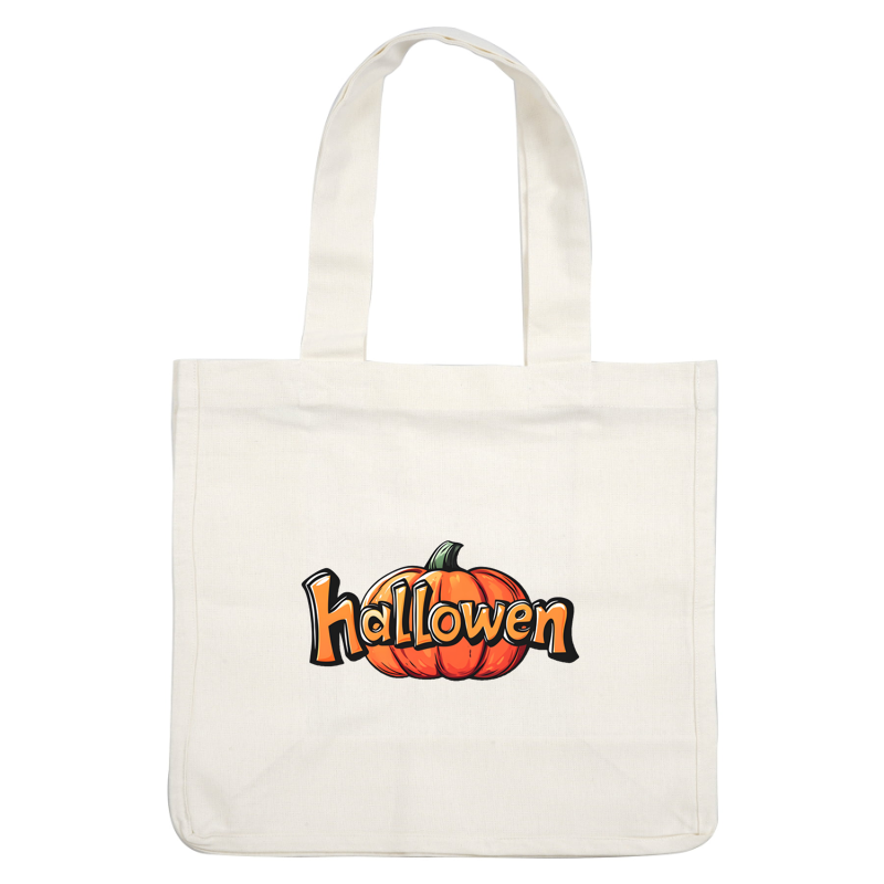 A vibrant Halloween design featuring the word "Halloween" in bold lettering alongside a cheerful orange pumpkin. dtf prints