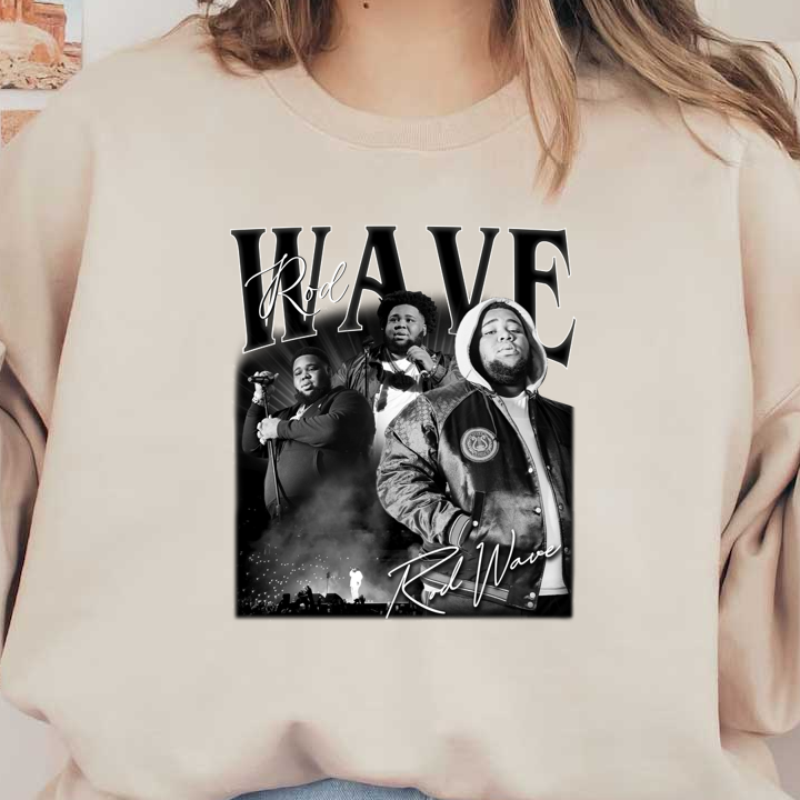 A dynamic black-and-white collage of Rod Wave showcasing his music performances and signature style in a stylish jacket.DTF Transfers dtf prints