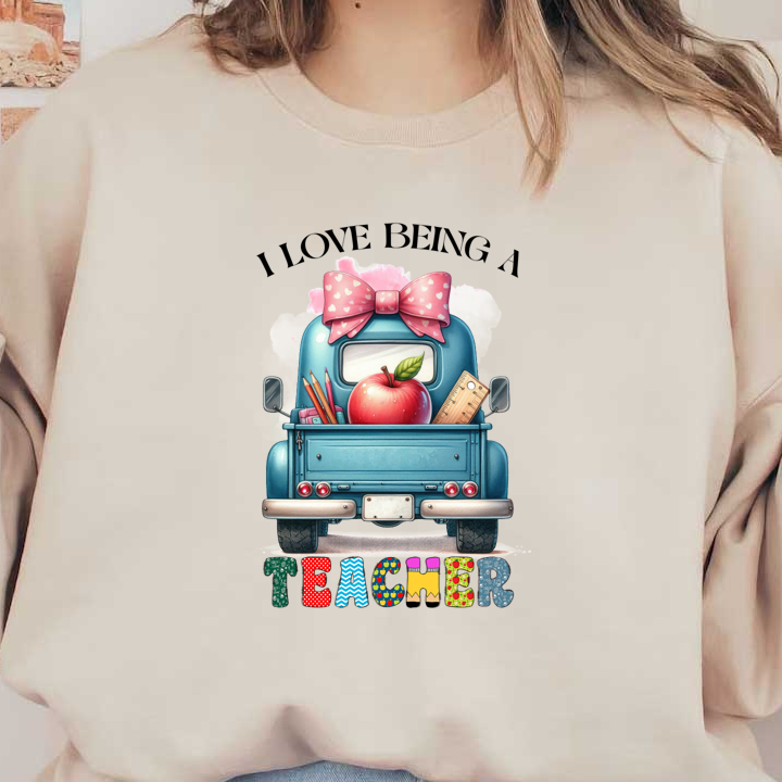 A charming blue truck adorned with a large pink bow, featuring school supplies and an apple in the back, highlighted by colorful "TEACHER" lettering.DTF Transfers