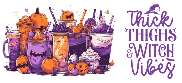 A vibrant collection of spooky-themed drinks and desserts in purple and orange, perfect for Halloween vibes!UV Transfersdtf regular iron dtf prints