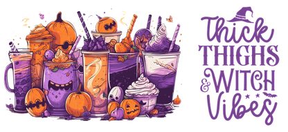 A vibrant collection of spooky-themed drinks and desserts in purple and orange, perfect for Halloween vibes!UV Transfersdtf regular iron dtf prints