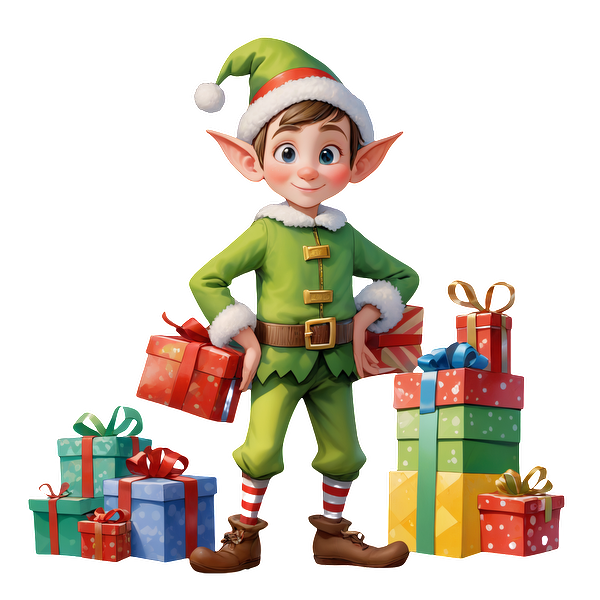 A cheerful Christmas elf in a green outfit holds a gift, surrounded by colorful wrapped presents.DTF Transfersdtf regular iron