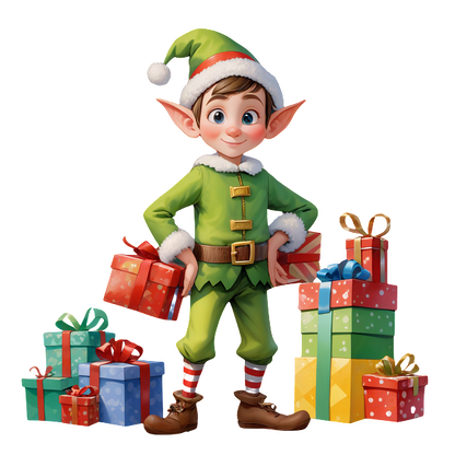 A cheerful Christmas elf in a green outfit holds a gift, surrounded by colorful wrapped presents.DTF Transfersdtf regular iron