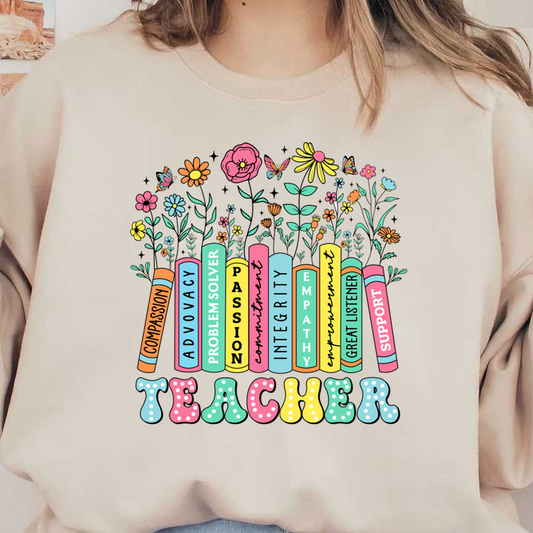 Celebrate the essence of teaching with this vibrant design featuring colorful books and uplifting qualities that define great educators.DTF Transfers