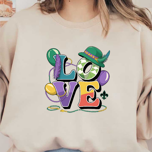 Celebrate love with a vibrant and festive design featuring colorful letters, beads, a feather, and a stylish hat!DTF Transfers