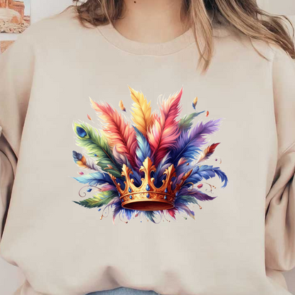 A vibrant crown surrounded by colorful, artistic feathers, featuring shades of blue, pink, and gold for a regal touch.DTF Transfers