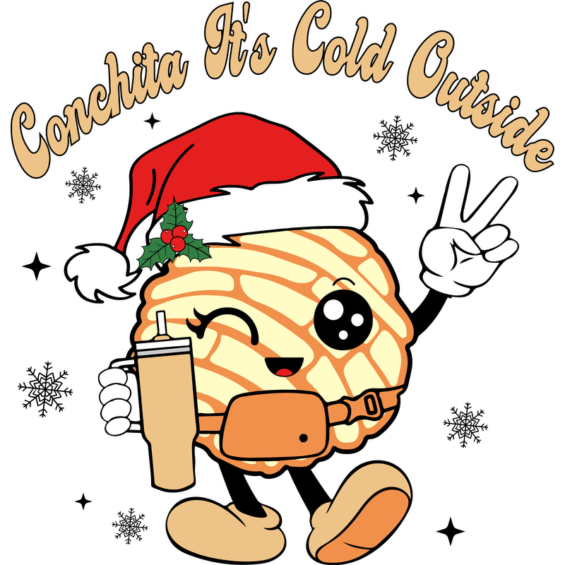 A cheerful cartoon character wearing a Santa hat, holding a drink, with the playful text "Conchita It's Cold Outside" above.DTF Transfers dtf transfersdtf regular iron