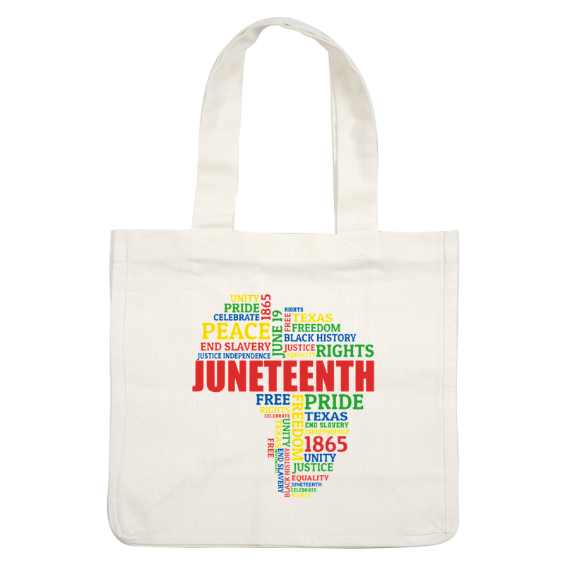 A colorful word cloud highlighting themes of Juneteenth, including words like "freedom," "unity," "justice," and "Texas 1865." heat press transfers