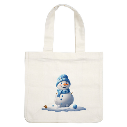 A cheerful cartoon snowman adorned with a blue scarf and hat, standing playfully in a snowy landscape.DTF Transfersdtf regular iron