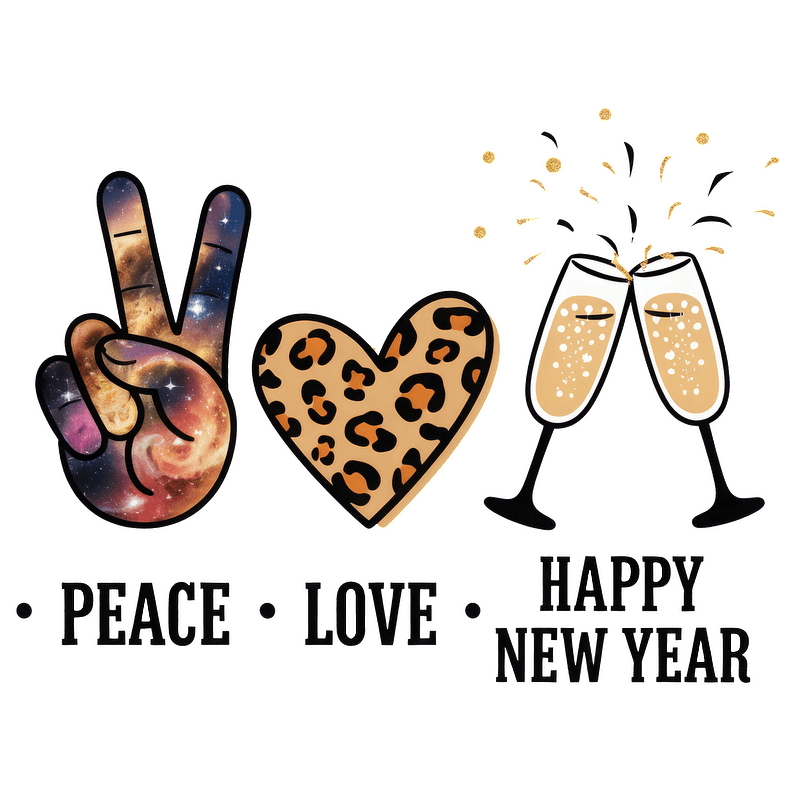 Celebrate the new year with peace, love, and festive bubbly in a vibrant design featuring a galaxy peace sign and leopard heart!DTF Transfers