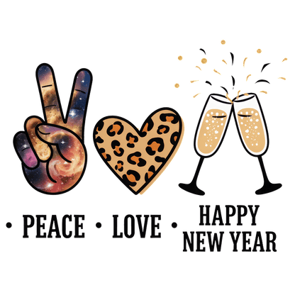 Celebrate the new year with peace, love, and festive bubbly in a vibrant design featuring a galaxy peace sign and leopard heart!DTF Transfers