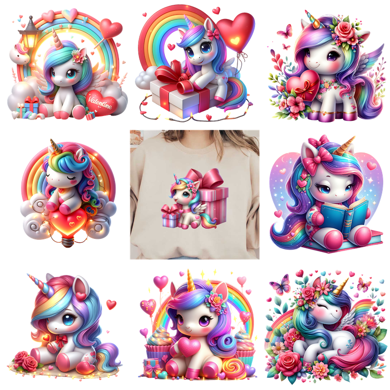 Cute unicorn Valentine's Day t-shirt with rainbow and hearts graphics.DTF Transfers