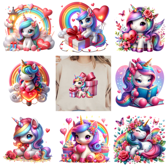 Cute unicorn Valentine's Day t-shirt with rainbow and hearts graphics.DTF Transfers