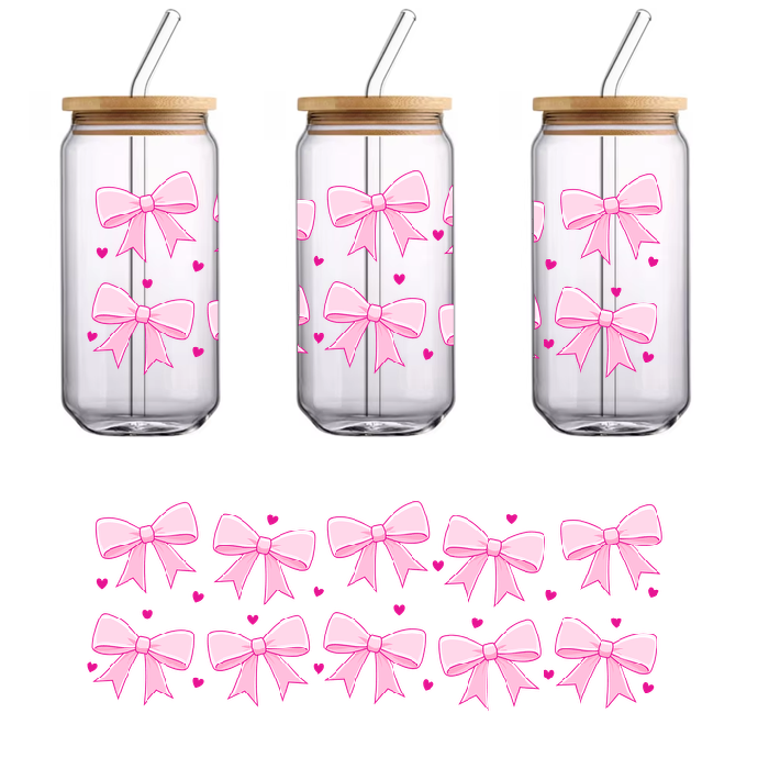 Delicate pink bows adorned with hearts, perfect for a romantic touch.UV Transfers