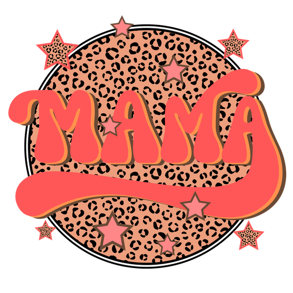 Diseño vibrante "MAMA" con letras llamativas, una escritura divertida y un fondo con estampado de leopardo acentuado con estrellas de colores.