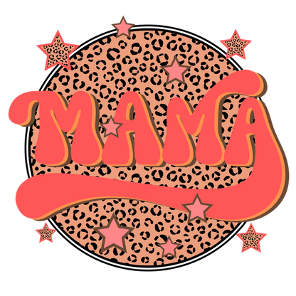 Diseño vibrante "MAMA" con letras llamativas, una escritura divertida y un fondo con estampado de leopardo acentuado con estrellas de colores.