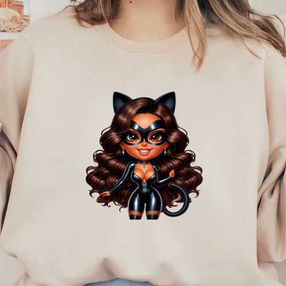 Un personaje juguetón, de estilo de dibujos animados, con un traje de gato negro con orejas de gato, cabello largo y rizado y una sonrisa encantadora.