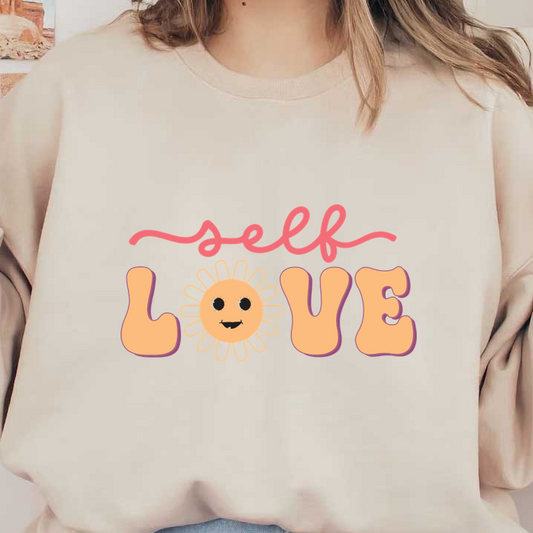 Un diseño colorido y alegre que presenta las palabras "amor propio" con un acento de sol sonriente, promoviendo la positividad y la autoaceptación.