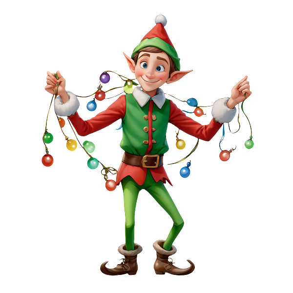 Cheerful cartoon elf in festive attire, holding colorful Christmas lights, ready to spread holiday cheer and joy!DTF Transfers dtf prints