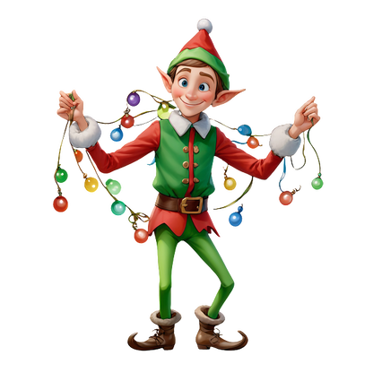 Cheerful cartoon elf in festive attire, holding colorful Christmas lights, ready to spread holiday cheer and joy!DTF Transfers dtf prints