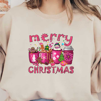 Cheerful Christmas design featuring festive mugs, gingerbread cookies, and playful decorations, perfect for celebrating the holiday spirit!dtf regular iron