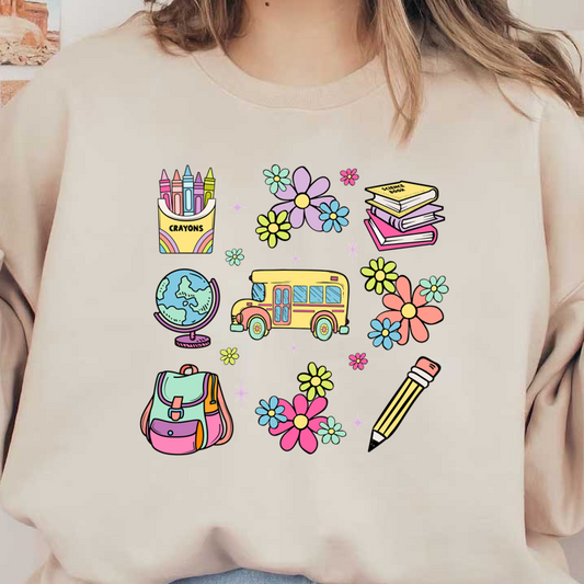 A vibrant school-themed illustration featuring crayons, a globe, books, a yellow school bus, a backpack, flowers, and a pencil.DTF Transfers