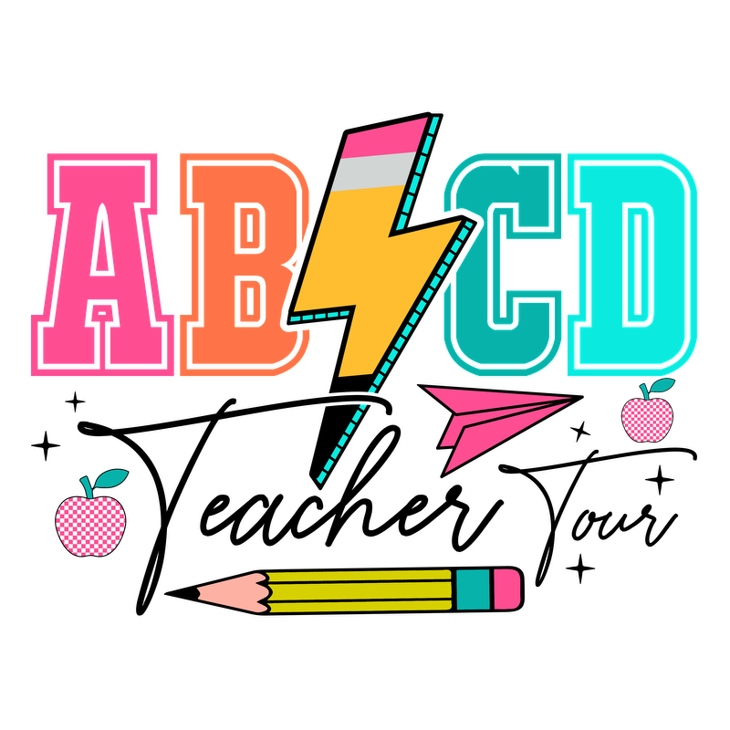 Colorful graphic featuring the letters A, B, C, and D, with playful icons like a pencil, paper airplane, and apples.DTF Transfers