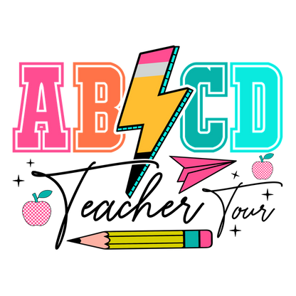 Colorful graphic featuring the letters A, B, C, and D, with playful icons like a pencil, paper airplane, and apples.DTF Transfers