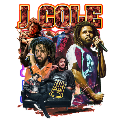 Un collage vibrante de J. Cole que muestra diferentes actuaciones y estilos, resaltados por su característico logotipo de corona. Transferencias DTF