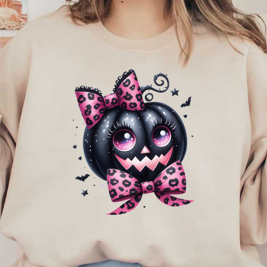 ¡Esta linda calabaza negra presenta divertidos lazos con estampado de leopardo rosa y ojos grandes y brillantes, perfectos para divertirse en Halloween!