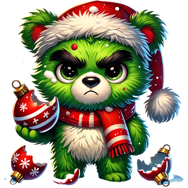 A mischievous green bear dressed in a Santa hat and scarf, holding a broken ornament, ready for a playful holiday!DTF Transfersdtf regular iron