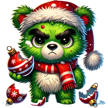 A mischievous green bear dressed in a Santa hat and scarf, holding a broken ornament, ready for a playful holiday!DTF Transfersdtf regular iron