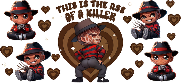 A playful and colorful illustration featuring a chibi-style character with a striped sweater and hat, surrounded by hearts.UV Transfers heat press transfers