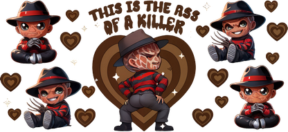 A playful and colorful illustration featuring a chibi-style character with a striped sweater and hat, surrounded by hearts.UV Transfers heat press transfers