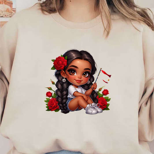 A cute, cartoon-style girl with braided hair, wearing a white shirt and denim shorts, surrounded by red roses.DTF Transfers heat press transfers