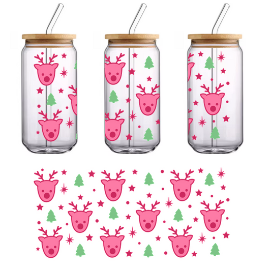 A cheerful pattern featuring pink reindeer heads, green Christmas trees, and festive snowflakes, perfect for holiday decorations!UV Transfers dtf transfers