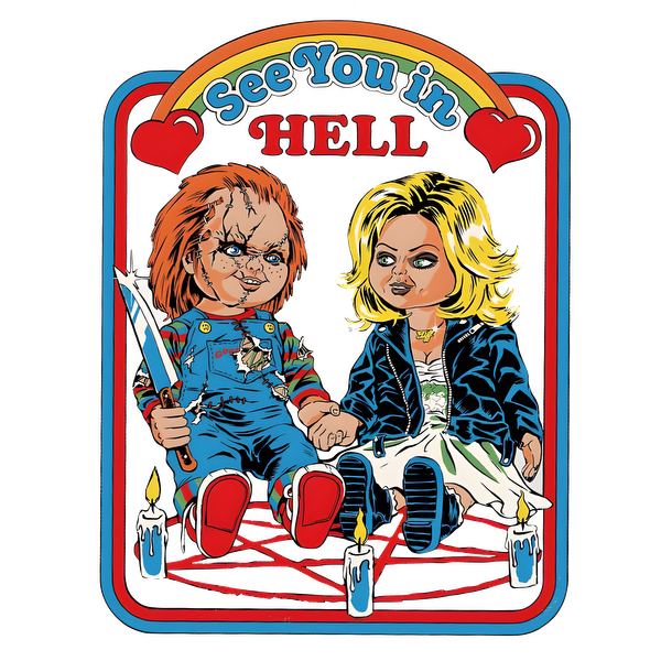 A colorful, cartoon-style illustration featuring creepy dolls inspired by horror, titled "See You in Hell," with charming details.dtf regular iron