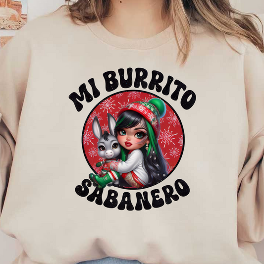 A cute cartoon girl in festive attire snuggles with a friendly donkey, framed by the playful text "Mi Burrito Sabanero."dtf regular iron