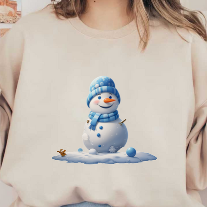 A cheerful cartoon snowman adorned with a blue scarf and hat, standing playfully in a snowy landscape.DTF Transfersdtf regular iron